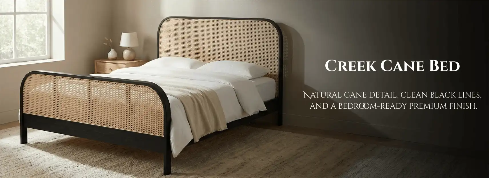 creek cane bed in a modern bedroom banner image