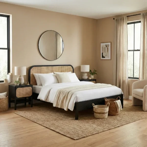 creek cane bed in a modern bedroom