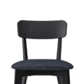 Close-up of Roco Lisette dining chair with curved black backrest and cushioned dark fabric seat.