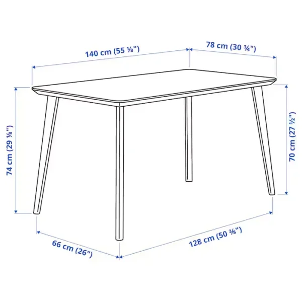 Roco Lisette Dining Set 4 Roco Lisette dining table with labeled dimensions in centimeters and inches.