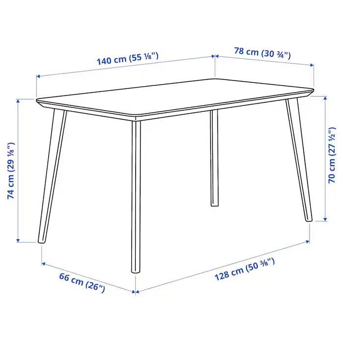 Roco Lisette dining table with labeled dimensions in centimeters and inches.