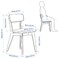 Roco Lisette dining chair with labeled measurements in cm and inches showing seat height, depth, width, and backrest angle.