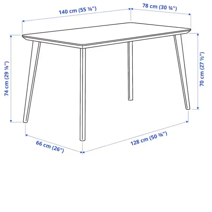 Roco Lisette dining table with labeled dimensions in centimeters and inches.