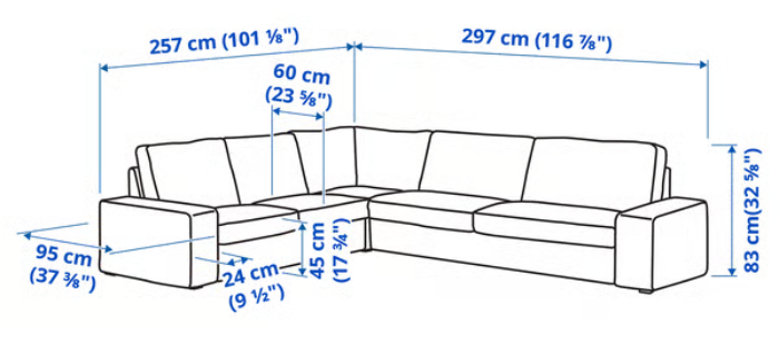 Tristan 5 Seat Corner Sectional dimensions