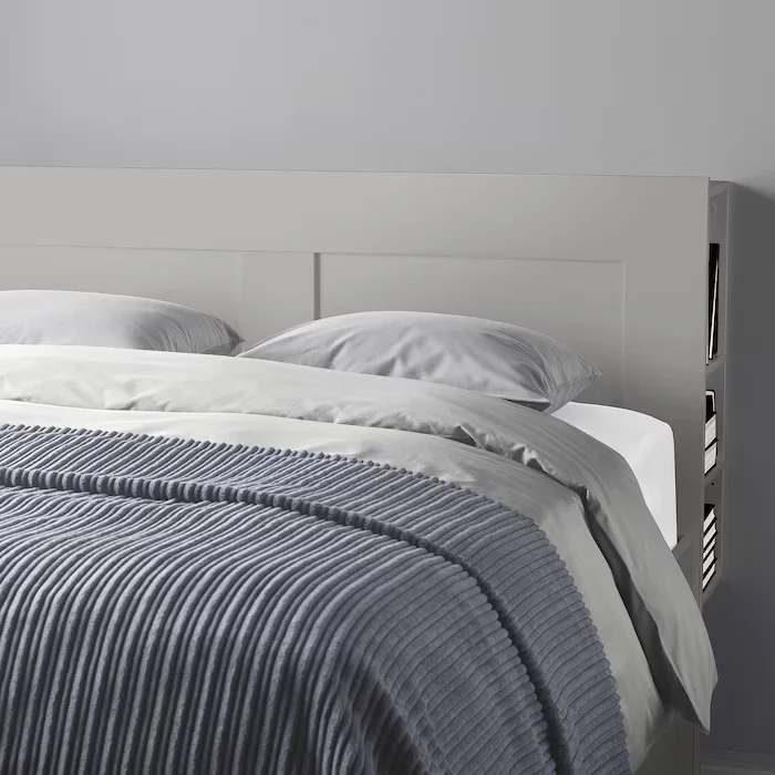Brighton Storage Bed – Gray, showcasing a sleek headboard with built-in shelving for convenient bedside storage