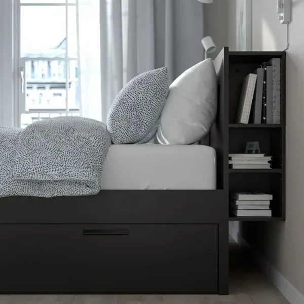 Brighton Storage Bed – Black, space-saving bed with built-in drawers and a headboard shelf for extra storage Brighton Storage Bed – Black, space-saving bed with built-in drawers and a headboard shelf for extra storage