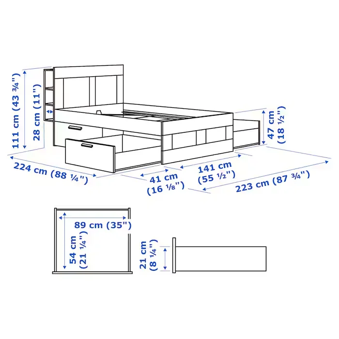 Brighton Storage Bed – Black, with detailed dimensions showing built-in storage drawers and headboard shelves for space-saving functionality