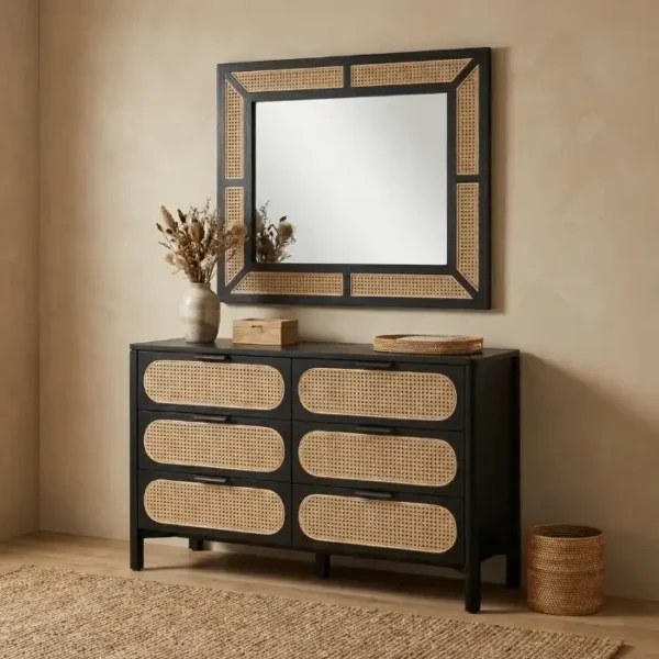 Black dresser in a modern room with matching mirror