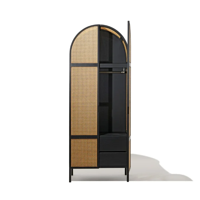 Cicada Cane Wardrobe with arched design, cane panels, and storage drawers