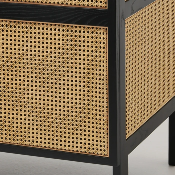 Close-up of Cicada Cane Wardrobe showcasing natural woven cane panels and black wood frame