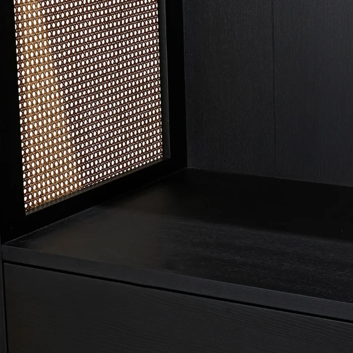 Cicada Cane Wardrobe interior with black wooden finish and woven cane paneling