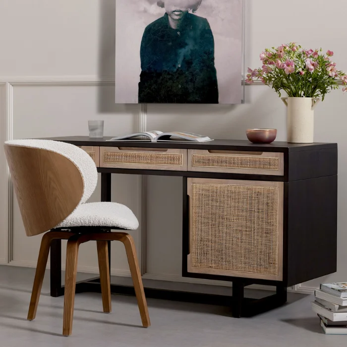 Delilah Cane Desk with dark wood finish, cane paneling, and modern storage drawers