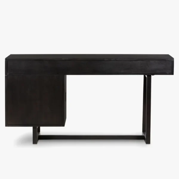 Back view of Delilah Cane Desk with a sleek black wood frame and modern base Back view of Delilah Cane Desk with a sleek black wood frame and modern base