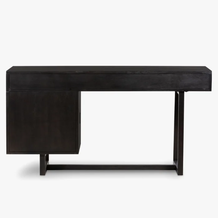 Back view of Delilah Cane Desk with a sleek black wood frame and modern base