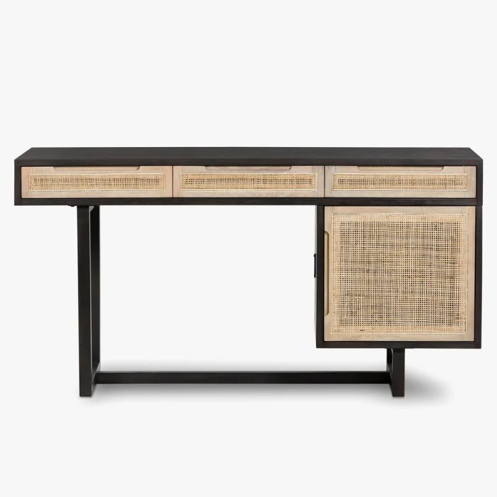 Delilah Cane Desk with black wood frame, natural cane drawers, and storage cabinet