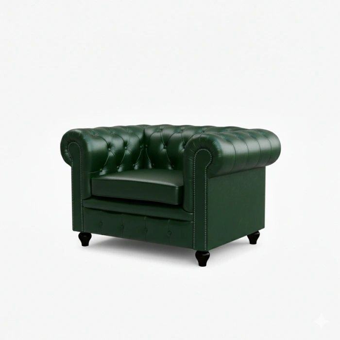 angled view of jade green leather chair