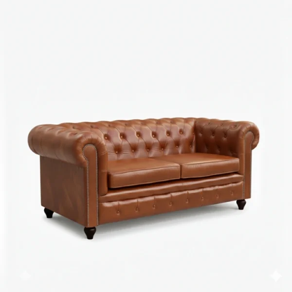 Saddle Brown Chesterfield Leather Sofa - 2 seater cushioned (2) angled view of 2 seater leather sofa
