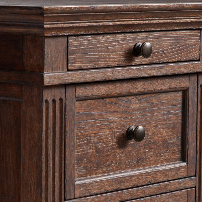 Close-up of Stalwart Executive Desk Drawers – Solid Wood with Metal Knobs