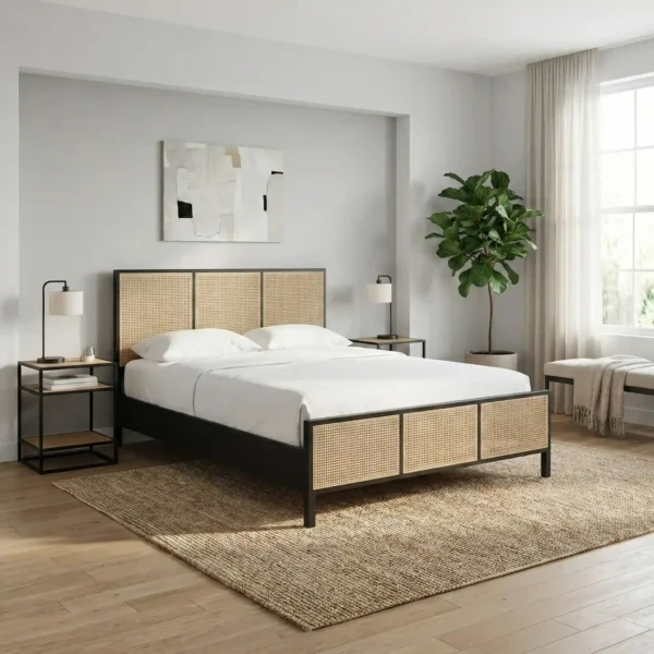 cane bed in a modern bedroom