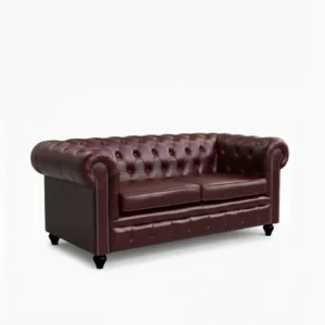 angled view of leather cherry red sofa