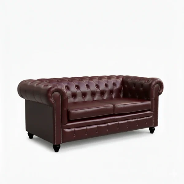 Cherry Red Chesterfield Leather Sofa - 2 seater cushioned angled view of leather cherry red sofa