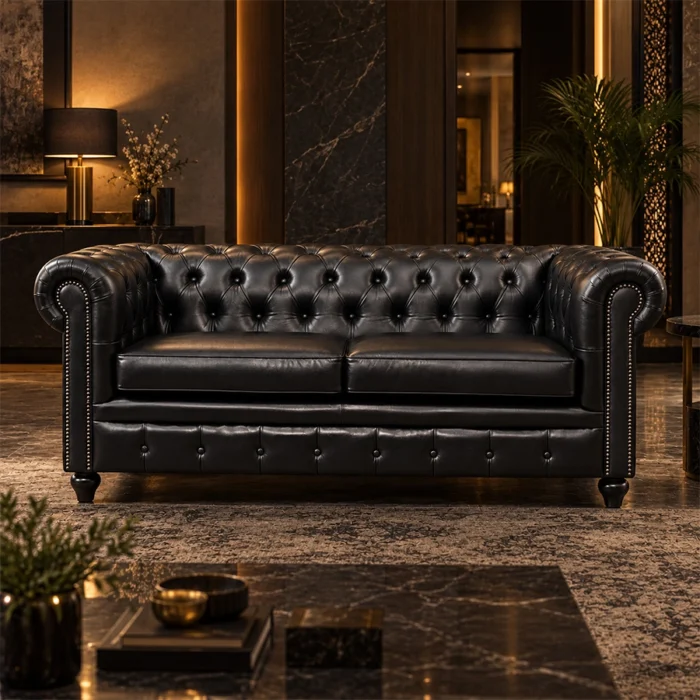 Coal Prestige Chesterfield leather 2-seater sofa