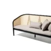 Elaila Cane Sofa – Modern black frame cane sofa with beige cushions and pillows