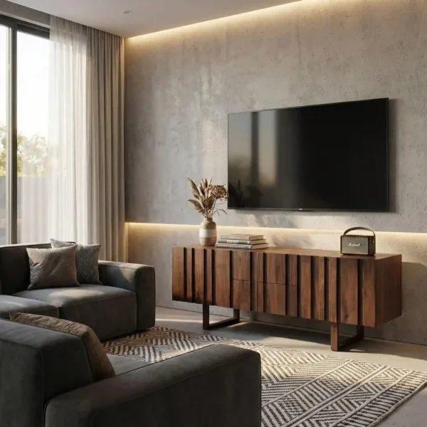 wooden console table in a modern tv lounge