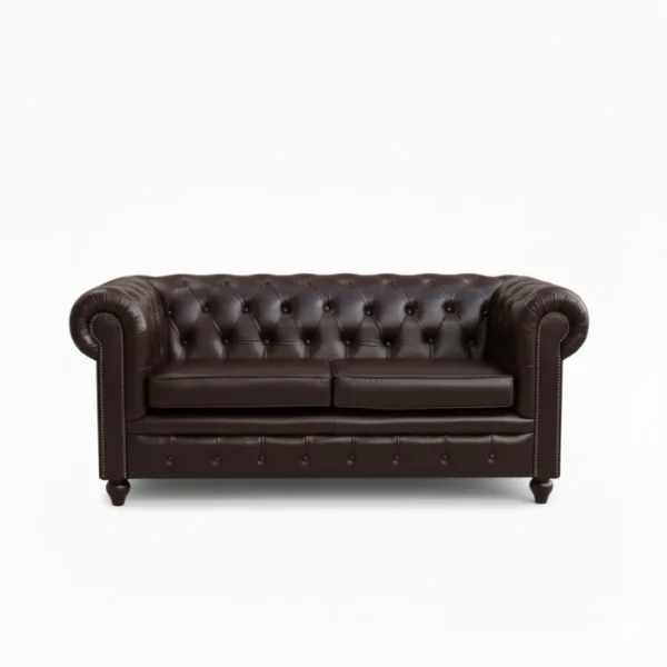 Hemington Chesterfield Leather Sofa - 2 seater cushioned (2) front view of dark brown chesterfield sofa
