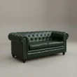 angled view of 2 seater Jade Green Chesterfield Leather Sofa in studio backgrpound