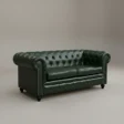 angled view of 2 seater Jade Green Chesterfield Leather Sofa in studio backgrpound