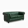 angled view of 2 seater green sofa