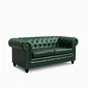 angled view of 2 seater green sofa