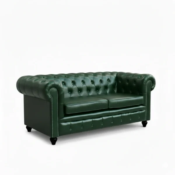 Jade Green Chesterfield Leather Sofa - 2 seater cushioned (2) angled view of 2 seater green sofa