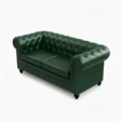 upper angled view of 2 seater green leather sofa
