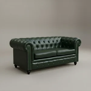 angled view of 2 seater Jade Green Chesterfield Leather Sofa in studio backgrpound