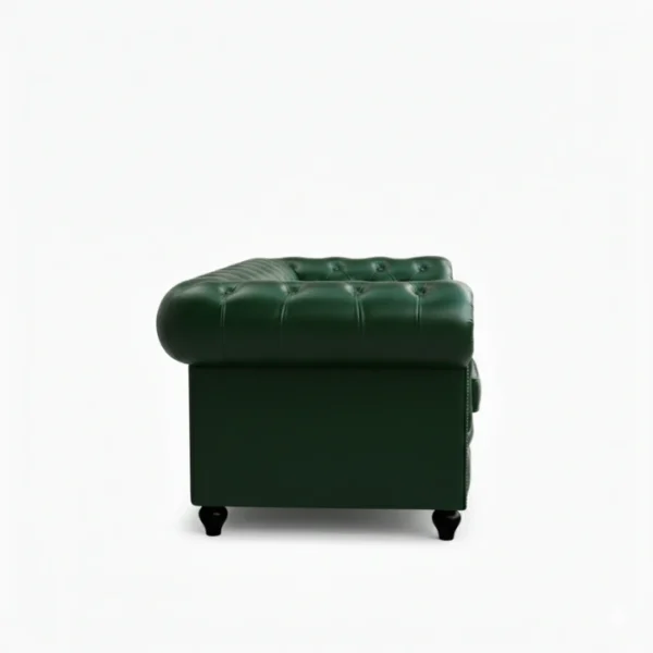 Jade Green Chesterfield Leather Sofa - 2 seater cushioned (4) side profile view of dark green leather sofa