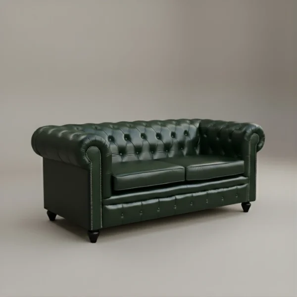 Jade Green Chesterfield Leather Sofa - 2 seater cushioned angled view of 2 seater Jade Green Chesterfield Leather Sofa in studio backgrpound
