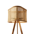 Elegant wooden tripod floor lamp with a woven rattan shade, perfect for adding warmth to any room.
