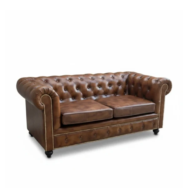 Wellington Chesterfield Leather Sofa - 2 seater cushioned (2) brown leather sofa angled view