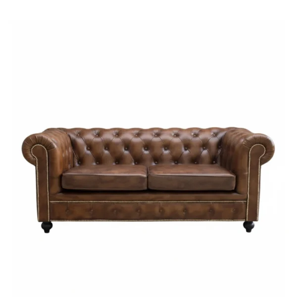 Wellington Chesterfield Leather Sofa - 2 seater cushioned (3) brown leather sofa front view
