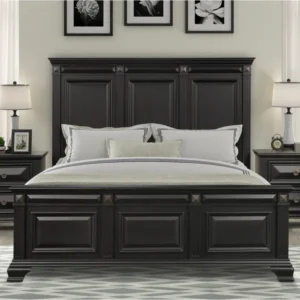 Blackwood Noir Bedroom Set – Elegant Black Wooden Bed with Classic Panel Design Blackwood Noir Bedroom Set – Elegant Black Wooden Bed with Classic Panel Design