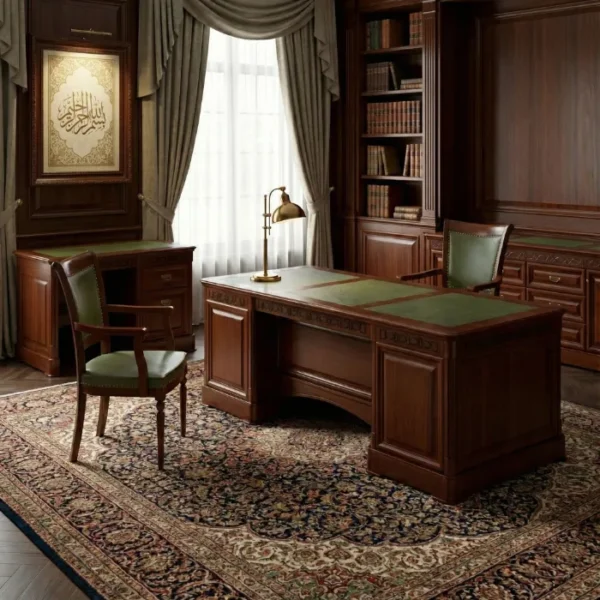 Collective image for conte office package including executive table, credenza, side rack, visitor and revolving chairs