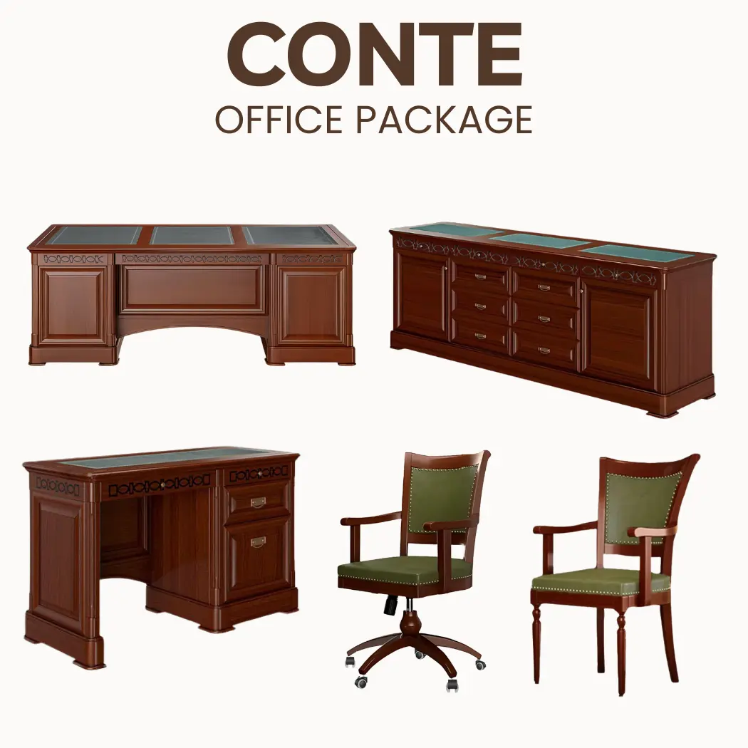 Collective image for conte office furniture including executive table, credenza, side rack, visitor and revolving chairs