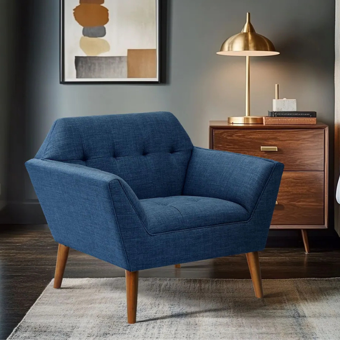 Ample Lounge Chair with hand-tufted backrest and solid wood legs, perfect for premium homes in Pakistan and UAE, offering mid-century modern design and comfort.