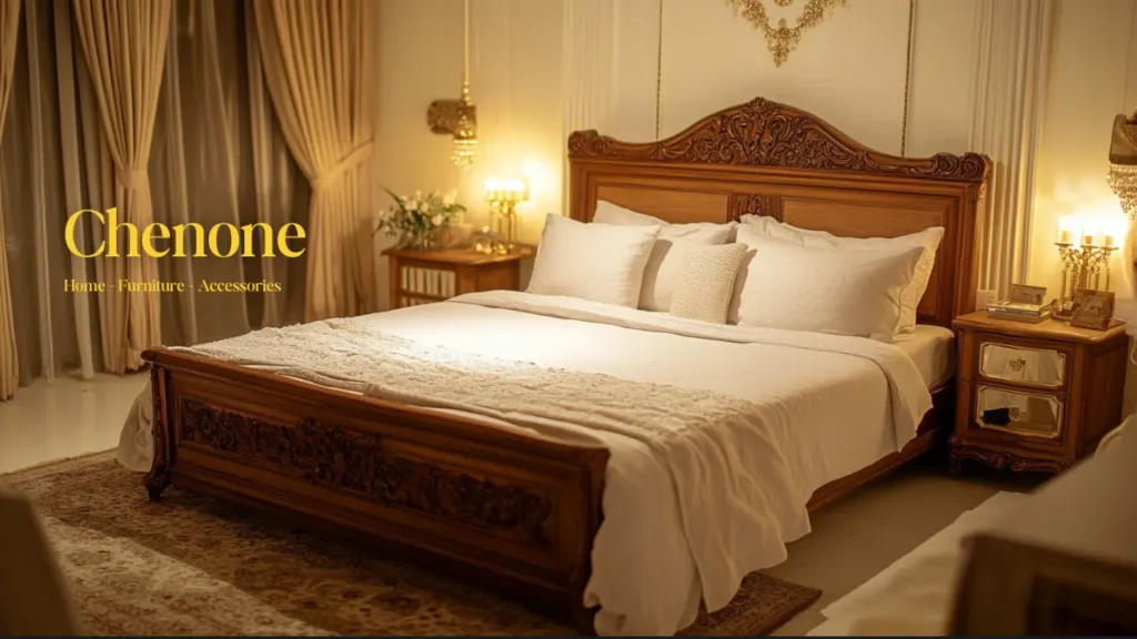 Luxurious bedroom with intricately carved wooden bed and classic decor by ChenOne, a leading furniture brand in Pakistan.