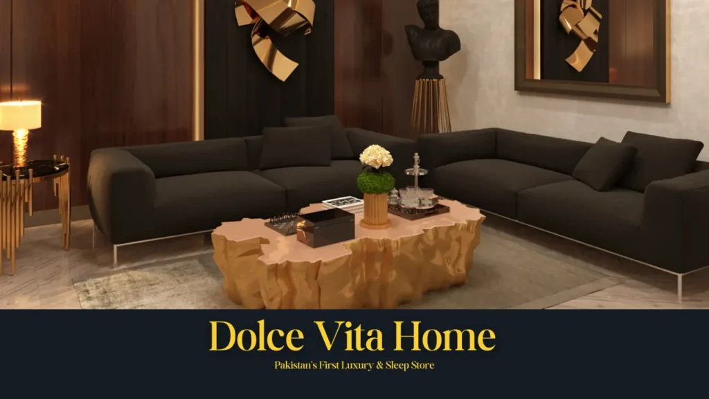 Modern living room setup featuring a luxury black sectional sofa and artistic decor by Dolce Vita Home, Pakistan's first luxury and sleep store.