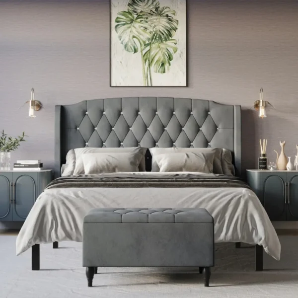 grey upholstered bed with ottoman in modern bedroom