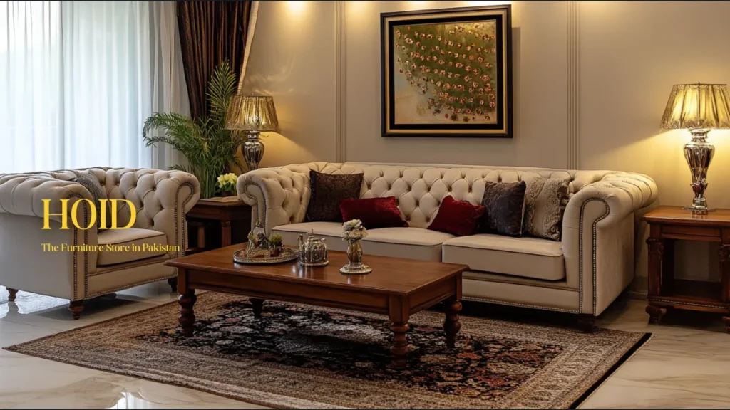 Elegant living room featuring a classic tufted sofa set and wooden coffee table by HOID, a premium furniture store in Pakistan.