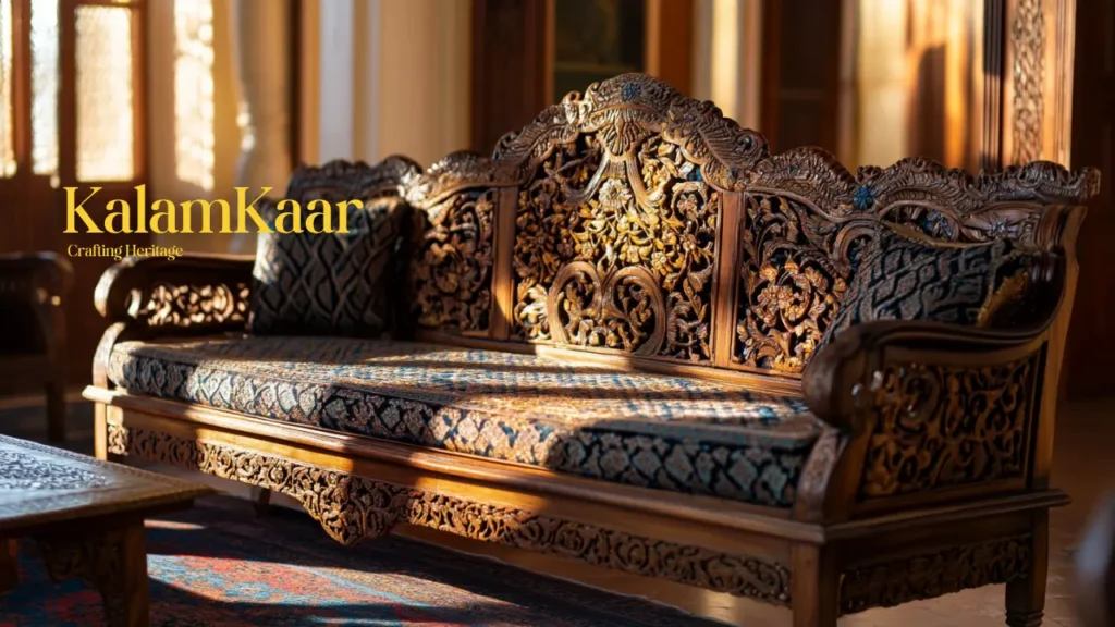 Exquisitely hand-carved wooden sofa with intricate patterns by KalamKaar, showcasing traditional Pakistani craftsmanship and heritage.